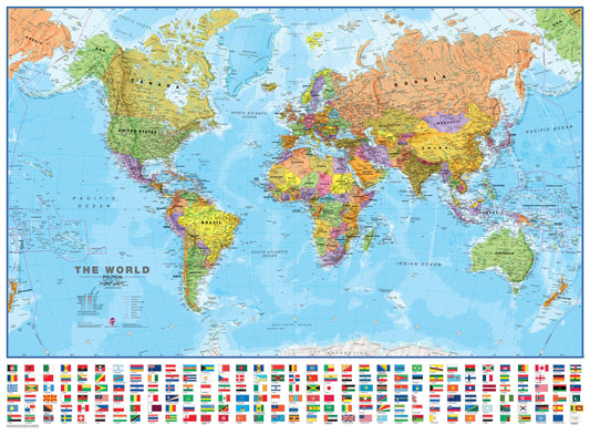 Large Political World Wall Map w/ Flags by Maps International